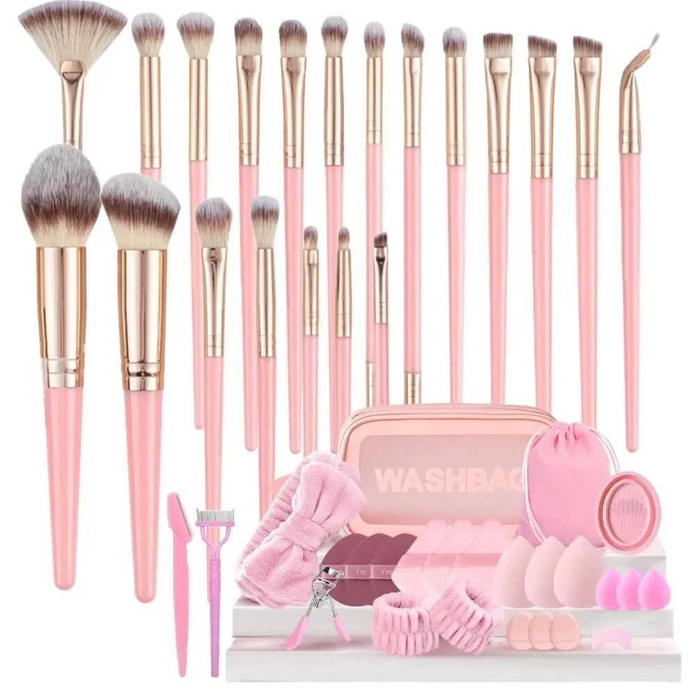 48Pieces Pink Professional Premium Synthetic Make up Brushes With Makeup Sponge